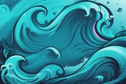 a background of surf waves with black linework, blue teal tones, surf culture, kawaii cute. + vector linework. swirling in bottom right. add pink and magenta graffiti lines over edges
