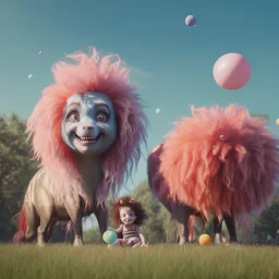 Ultra realistic circus scene. Sweet big hair monster. Child’s playing, smile, happy, color bubbles, smooth color, waist up view, Wes Anderson style, dark ambient, highly detailed, concept art, unreal engine 5, god rays, ray tracing, RTX, lumen lighting, ultra detail, volumetric lighting, 3d, finely drawn, high definition, high resolution.