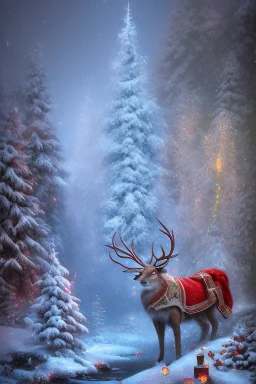 Santa, reindeer, waterfall, white fire, red green blue, high definition, ultra 8 k, liquid lighting, fire, rain, realistic