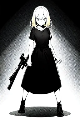 angry blonde girl, pose, full body, greyscale