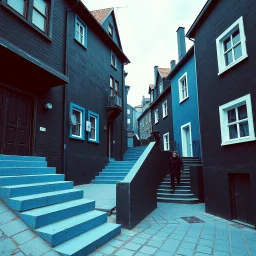Fotografia di strada assurda e falsa orripilante blu weirdcore dai colori vivaci, liminalcore. Escher. Confusione geometrica. Scale che scendono. Yves Tanguy. Non luogo falso, inusuale. Le case sono false e dipinte di nero chiaro con cose stilizzate e dettagli. Ci sono finestrelle false quadrate, che danno un senso distopico e molto surreale, disposte in modo casuale. L'atmosfera generale sembra noiosa e onirica, con un contrasto tra elementi reali ed elementi dipinti falsi, René Magritte