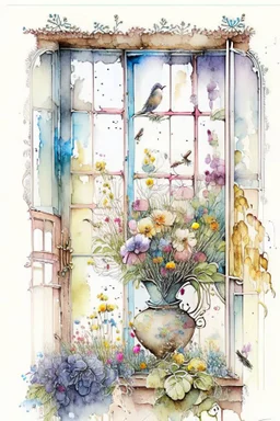 Shabby chic window with flowerpots and bouquets filled with beautiful flowers.full sunlight, stormy clouds, bird, watercolour and ink, stained glass Modifiers: elegant intricate beautiful fantastic view crisp quality colourful Jean-Baptiste Monge pastel colors full view