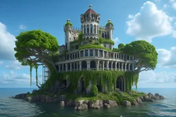 A futuristic ruined gothic building on an island floating over the sea with balconies, verandas, many arches, bridges, spires, paths, trees, dense foliage, spanish moss, ivy, blue sky, white clouds