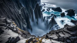 This mesmerizing ocean cliff scene captures the dramatic power and beauty of nature. Towering rugged cliffs stand majestically against the vast expanse of the ocean, where the water pours into a singular bottomless pit. The cliffs, with their sharp and jagged edges, create a stark contrast to the rough, flowing water, making the scene even more captivating. Sunlight pierces through the mist rising from the waterfalls, creating a magical, ethereal atmosphere