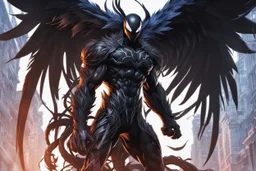 Venom in 8k solo leveling shadow artstyle, crow them, feathers, big wings, neon effect, close picture, full body, apocalypse, intricate details, highly detailed, high details, detailed portrait, masterpiece,ultra detailed, ultra quality