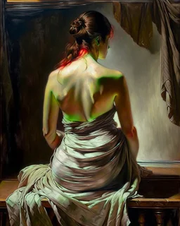 masterpiece classical academic oil painting, figurative study of a seated female figure viewed from behind, focus on anatomy, posture, and painterly texture, subject seated on a surface with a natural relaxed pose, torso slightly leaning forward the figure is partially draped in simple light fabric around the lower body and upper torso, arranged modestly, emphasizing form through light and shadow rather than exposure detailed back anatomy: visible shoulder blades, natural spine curvature, soft m