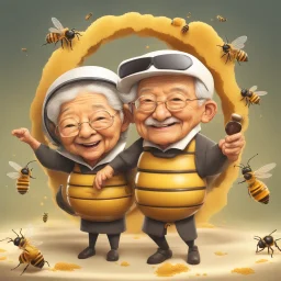 Happiness grandma and grandpa are healthy in a planet of honey stingless bee, realistic