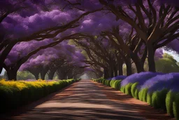 BLOOMIMG COLOURFUL jacaranda trees on both sides in a WIDE tarred ROAD with flowers and lawn, dark shadows foliage on both sides byJenny Boon