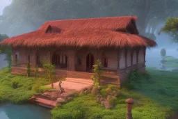 old Konkan house, in the forest, lake, misty, hyper-realistic, hyperdetailed, high octane render