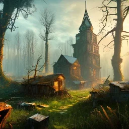 Postapocalyptic scenery, town, forest, brick houses, overgrown, 16k