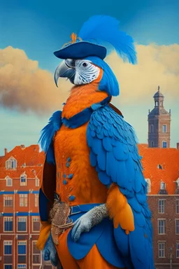 Half parrot half human in a 1700s Orange Dutch uniform next to a Dutch city with blue feathers