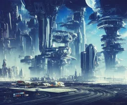 A Spaceship is taking off from a buzzing Space port on a heavy industrialized planet with a futuristic city in the background, retrofuturistic, art by John Berkey, buildings with glass facades, brutalist architecture, insanely detailed, vibrant, 8k uhd, cinematic atmosphere, ultra-wide angle, street level view, brush strokes, blue sky with clouds, dramatic sunset, sharp focus