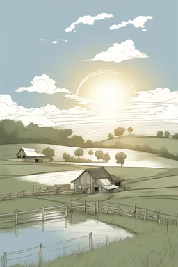 portrait of a farm with water and sun in the sky only use clear line art white background no shadows only use outline full image sketch style clear and well