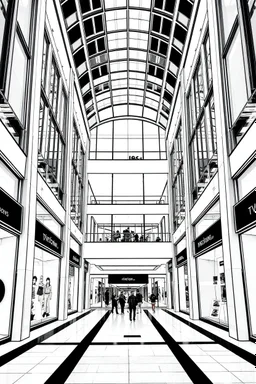 frontal view, black and white outline of long, bauhaus style, shopping mall, three story