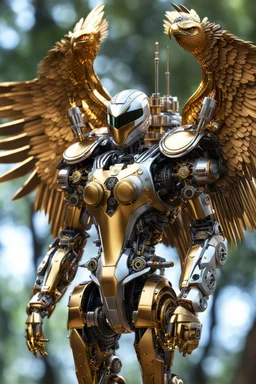 eagle cyborg straddle wings, detailed, intricate, mechanical, gears cogs cables wires circuits, gold silver chrome copper, blurred woodland background, shallow depth of focus, render, cgi, ray-tracing