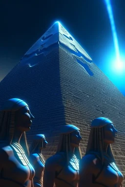 Egyptians with the hair standing straight up in front of Egyptian pyramid. 4 k, down light, depth of field, trending art, spray paint, high detail, fantasy art, alien connection, future tech