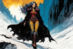 Create a fine art print , full body illustration of an epic fantasy Lankhmar sorceress Girl , with finely lined and detailed facial features, in a ragged sable fur coat, ,battered riding boots, , in the comic book style of Bill Sienkiewicz, Philippe Druillet, and Jean Giraud Moebius, precisely drawn, colored and inked