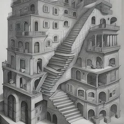 A building with stairs upside down and in several spacial dimensions and directions by artist "Escher" and "Piranesi"