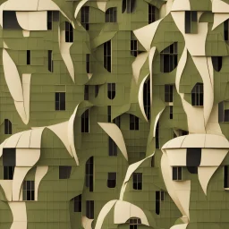 A building inspired by olive kernels, rendered in a contemporary abstract style.