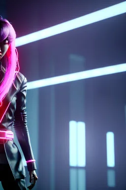 Waist up shot photo, thriller style, Asian cyborg woman :: symmetry photography, cyberpunk, pink hair, makeup, long line eye, light iris, :: latex coat, wires and circuits, pink, white, black :: cinematic, Ultra realistic, dark scene, soft color, highly detailed, unreal engine 5, RTX, ultra detail, 3d, finely drawn, high definition.