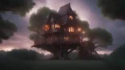 A hyper detailed extravagant treehouse in a crisp ultra realistic photo at dusk with a storm in the backdrop 3d with depth of field, octane rendered ambient epic lighting