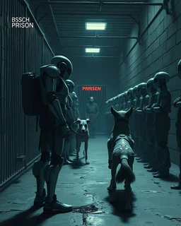 Bosch painting style, nightmare , Ai robot as prison guards with Ai robot dogs watching a human prisoners lined up in line one after another inside a prison yard great quality picture with cinematic scenes ,