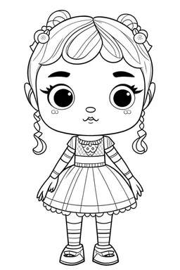 coloring page, cute little doll, full view, coloring page, only draw lines, coloring book, clean line art, –no sketch, color, –ar 3:4, white background, minimalistic black lines, minimal black color, low level black colors, coloring page, avoid thick black colors, thin black line art, avoid colors, perfect shape, perfect clear lines,