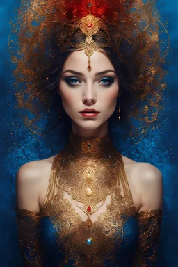 portrait girl stile Brooke Shaden, background falling numbers, black, petrol, shiny aura, highly detailed, gold filigree, intricate motifs, organic tracery, weave together to create a harmonious fusion of technology and art, Binary code in shades from electric blue to shining red and bright silver shades breathes life into a semi-permanent portrait of a woman, wildly curly long platinum hair,