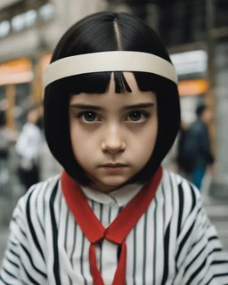 Fotografía hiperrealista de Mafalda en la vida real, con una cinta en su cabeza