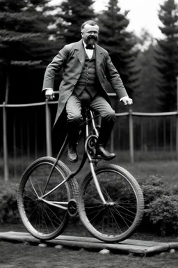 President Theodore Roosevelt pictured on a unicycle made from dead and rotting limbs