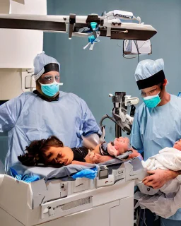 image of two doctors in a hospital surgical theatre holding a newborn baby