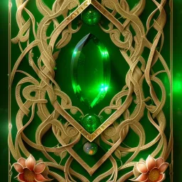 Emerald with word "S" with ornate floral and botanical details, Glass, caustics, magic, intricate, high details