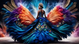 A striking cinematic illustration of a bird-like fashion model wearing a captivating, long dress crafted from an array of vibrant bird feathers, including peacock plumes. The dress showcases a harmonious blend of colors, with intricate details and sharp focus on the model's form. The scene is set on a surreal landscape with runway, illuminated by volumetric lights and little white smoke. The model's pose exudes confidence and elegance, as if she is the embodiment of avian fashion.