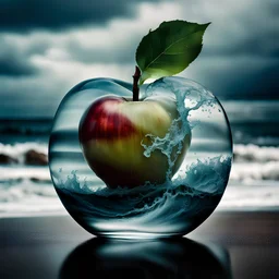 lovely double exposure image by blending together a stormy sea and a glass apple. The sea should serve as the underlying backdrop, with its details subtly incorporated into the glossy glass apple, sharp focus, double exposure, glossy glass apple, (translucent glass figure of an apple) (sea inside) lifeless, dead, glass apple, earthy colors, decadence, intricate design, hyper realistic, high definition, extremely detailed, dark softbox image, raytracing, cinematic, HDR, photorealistic (double exp