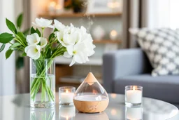 aroma diffuser at home With candles and white flowers in a crystal vase