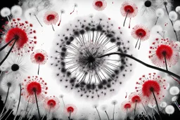 Sunrise with Dandelions, ,amazing depth, high textures, surreal, weird, white-black colors, lying body betwen dandelions, , , red blood, splash art, intricately detailed, sharp focus, stunning, weird dark mood