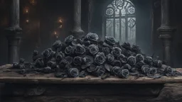 withered black roses lie down on the wood table in an old ruins room, detailed matte painting, deep color, fantastical, intricate detail, splash screen, complementary colors, fantasy concept art, 8k resolution , sinister, crepy, a masterpiece, 8k resolution, dark fantasy concept art, hyperdetailed, intricately detailed, Splash screen art, deep color, Unreal Engine, volumetric lighting,