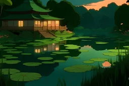 pond in anime satoshi kon style. cozy calming aesthetical. evening. warm green colors. not too dark. with a big lily pad on the right of the picture. big mushroom like standing lamp near lily pad. dont see sky. no wooden houses on background. water more detailed with small waves. bushes and trees on background. more pastel gren colors. no houses. large lily pad on the right of the picture. detailed water with rain drops. not too green more realistic colors