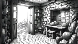 manga pencil sketch drawing of a dark stony room