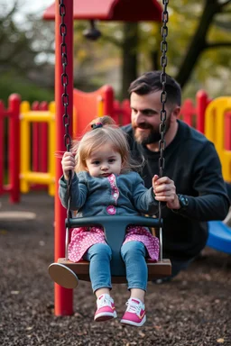 a 40 year old dad in the playground with his young 3 year old daughter playing on the swing but the dad is checking out all the other kids mums