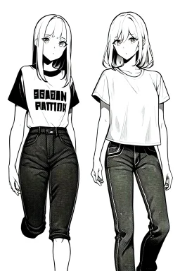 two girls dressed in jeans and a T-shirt walk in the city, line arts, greyscale