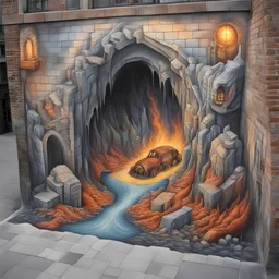 3D optical illusion Chalk art of a gaping hellish abyss on building wall by Julian Beever, color chalk art, infernal, intricate, expressive, natural lighting, photorealistic.