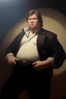 1970's dark fantasy cover dnd style oil painting of obese fat han solo with minimalist far perspective