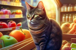 cute contented cat is shopping in a foodstore in sunshine. Food, fruits