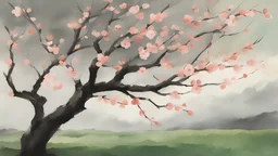 early spring, a Central European garden before imminent storm, strong wind, a peach tree blossom (petals blown in the wind:1.6), minimal acrylic and watercolor and ink, (tint leaks:1.6), dark grey and green and peach blossom colors, harsh contrasts, (wind dynamics:1.6), petals swoosh