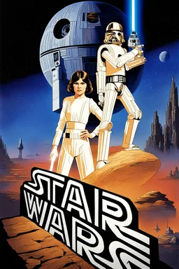 movie poster for Star Wars episode 4 featuring luke and leia on top of a stone shaped as "STAR WARS" death star vin background, r2-d2 and C3PO behind to the right