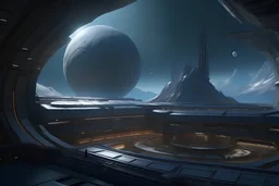 designed by Daniel Simon , Realistic panoramic view of a huge space base with a huge window flying over the earth, sharp focus, concept art, very detailed, very realistic, trending on artstation, in the style of star citizen, star wars, overwatch, beautifull, sci fi