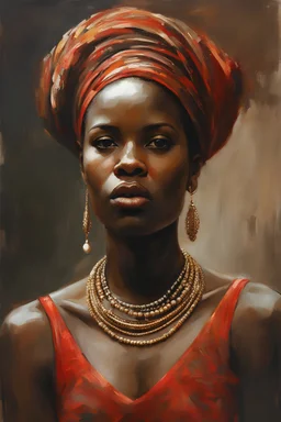 oil painting, in Robert Childress style, ((best quality)), ((masterpiece)), ((realistic, digital art)), (hyper detailed), Upper body Portrait painting of an African girl, in artistic pose, painted by Jeremy Mann