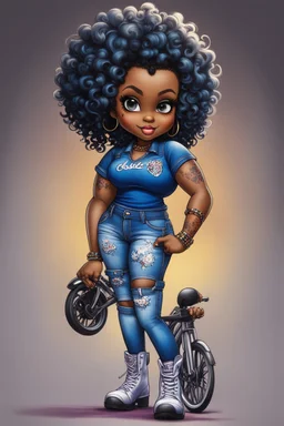 create an airbrush illustration of a chibi cartoon voluptuous black female wearing a blue jean outfit with a tie dye tshirt with biker boots. Prominent make up with hazel eyes. Extremely highly detail of a tight curly black bantu knots. Background of a bike show