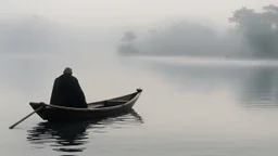 black robed monk in a small boat on quiet water in the mist